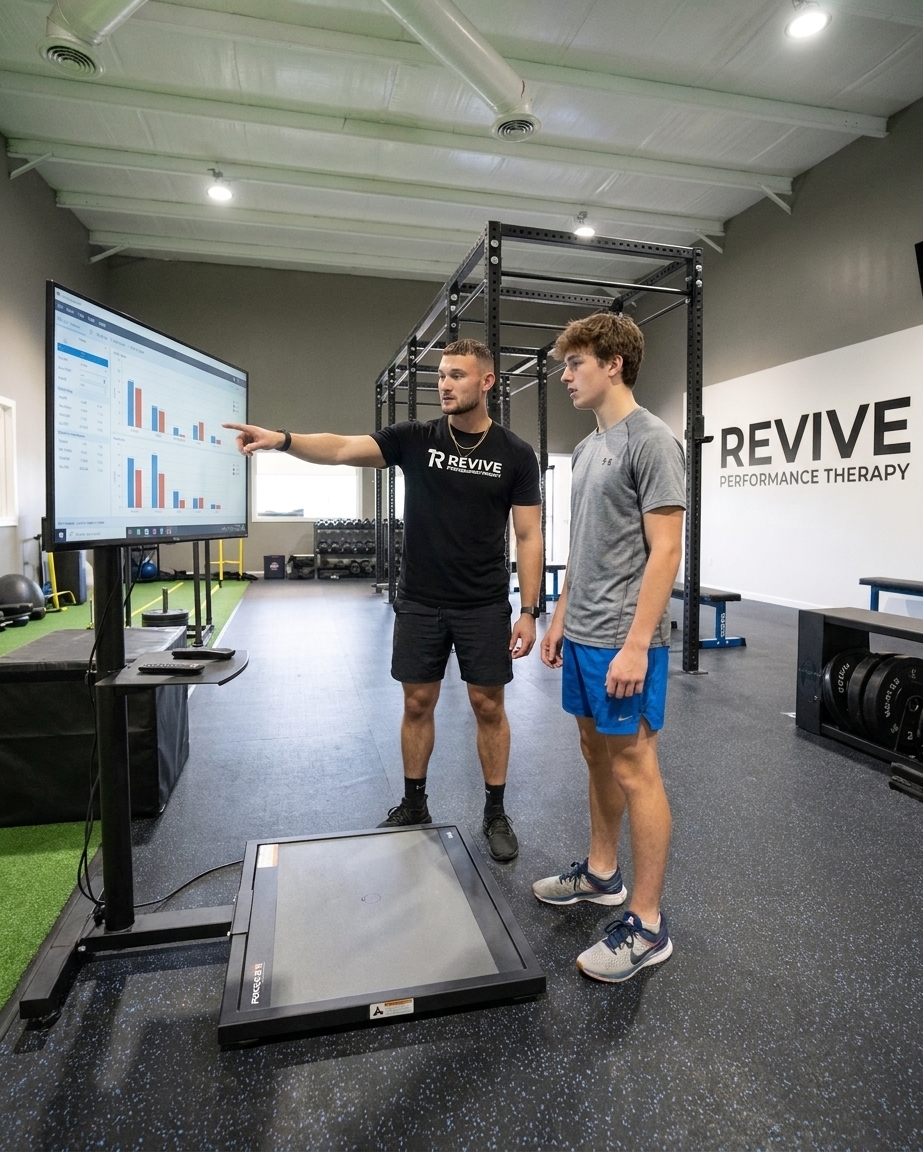 Physical therapist reviewing force plate testing results with an athlete at a performance physical therapy clinic in Columbus, GA